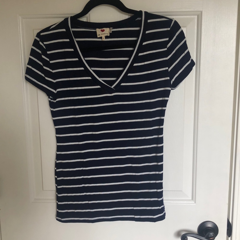 Women’s navy blue and white striped V neck T shirt